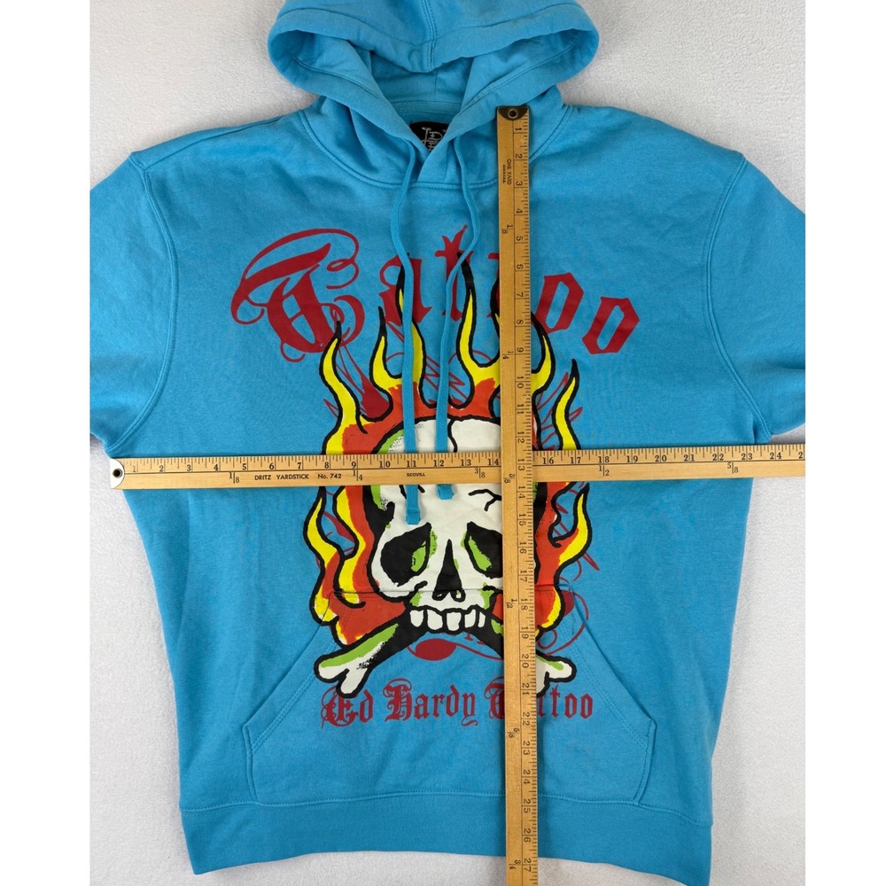 Ed Hardy Hoodie Mens XL Blue Skull Flame Tattoo Graphic Pullover Y2K EHM1300-54 - Picture 5 of 9